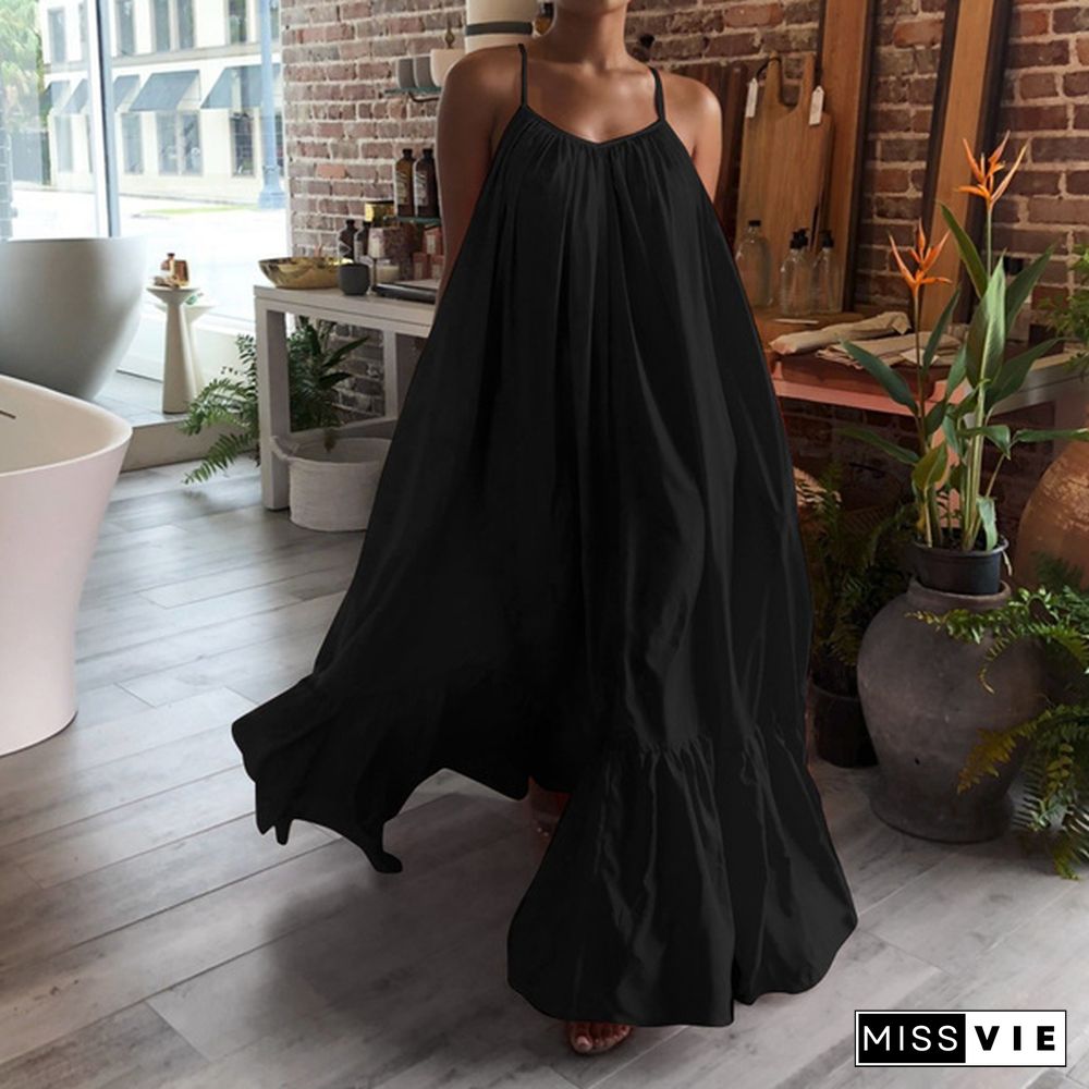 New Women Camisole Oversized Fashion Casual Sleeveless Maxi Dresses Strap Dress Backless Big Swing Floor-Length Robe