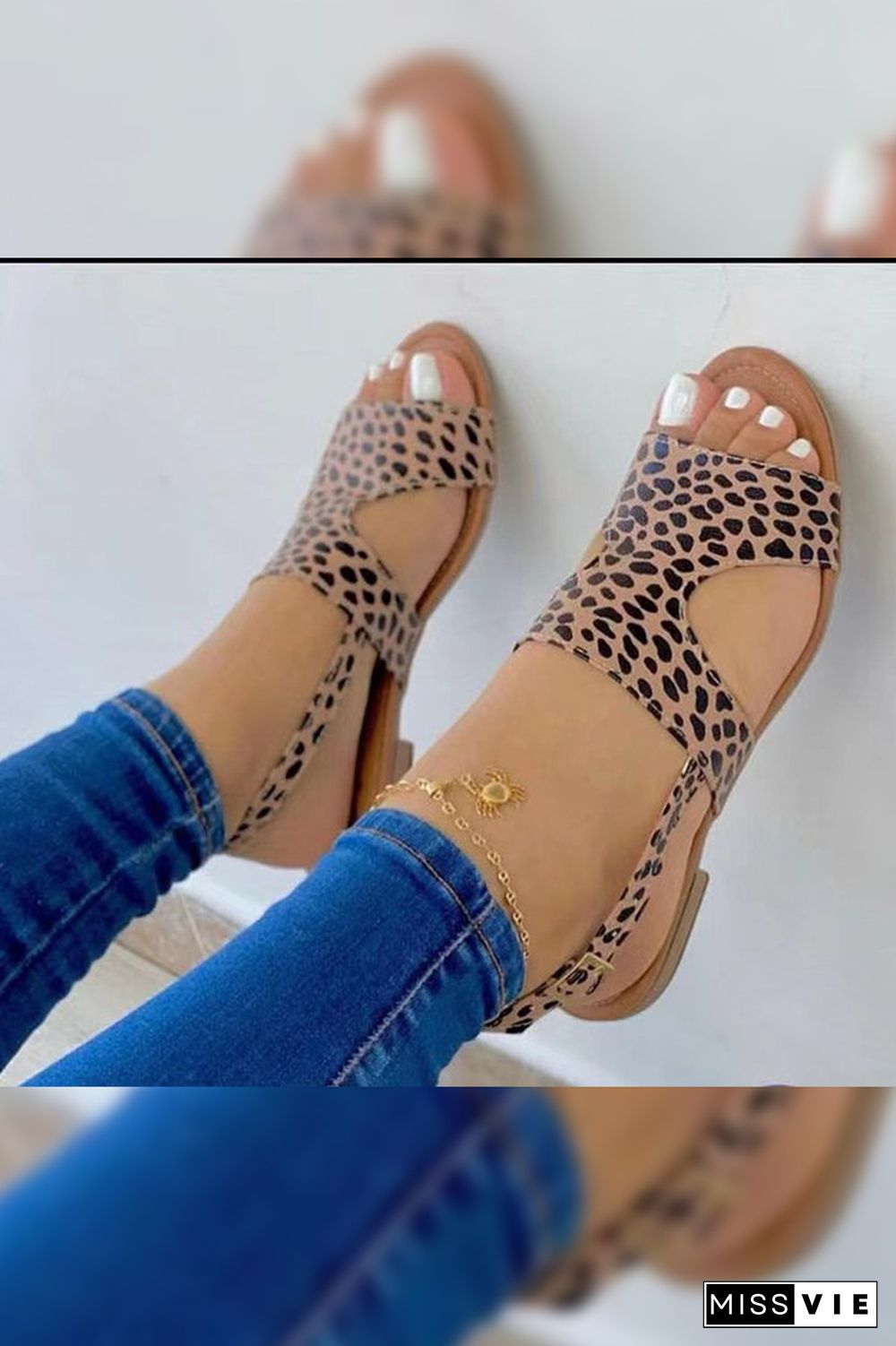 Open Toe Leopard PU Plat Sandals