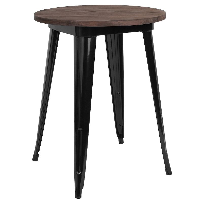 Merrick Lane 24 Round Metal Indoor Table with Black Galvanized Steel Frame and Walnut Rustic Wood Top