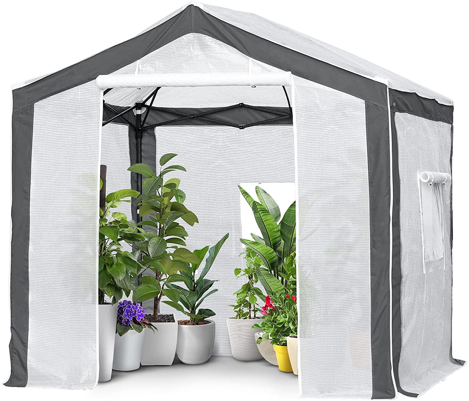 EAGLE PEAK 8 ' x 8 ' Portable Walk-in Greenhouse with Roll-up Zipper Entry Door and 3 Large Roll-Up Screen Windows, Instant Pop-up Easy Setup Indoor Outdoor Plant Gardening Green House, White