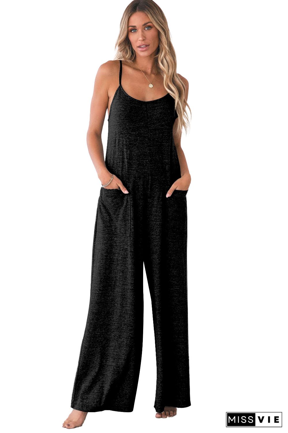 Black Loose Fit Side Pockets Spaghetti Strap Wide Leg Jumpsuit