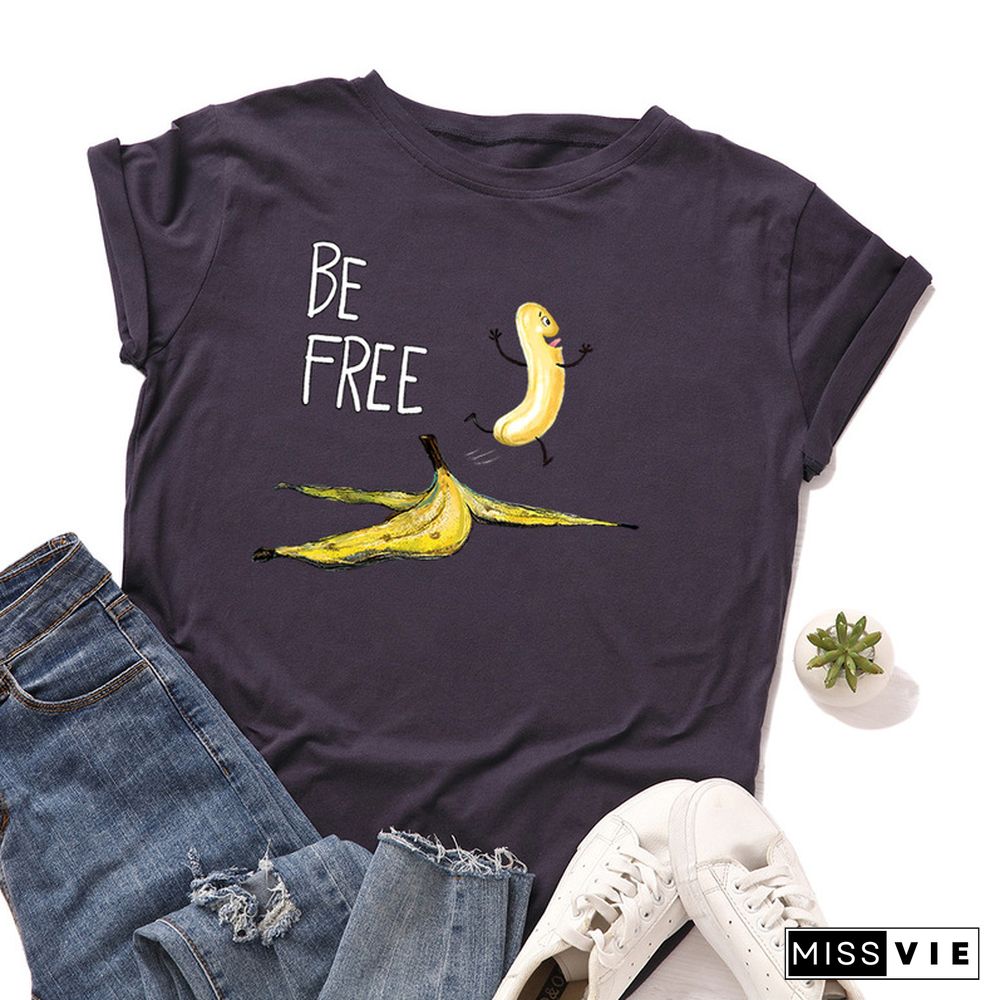 JCGO Summer Cotton Women T Shirt Fashion Short Sleeve Funny Free Banana Print Ladies Tee Shirt Tops Casual O-Neck Female T-shirt