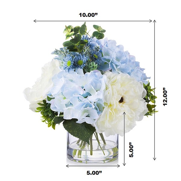 Enova Home Artificial Mixed Silk Peony and Hydrangea Fake Flowers Arrangement in Clear Glass Vase for Home Decor (Cream Blue)