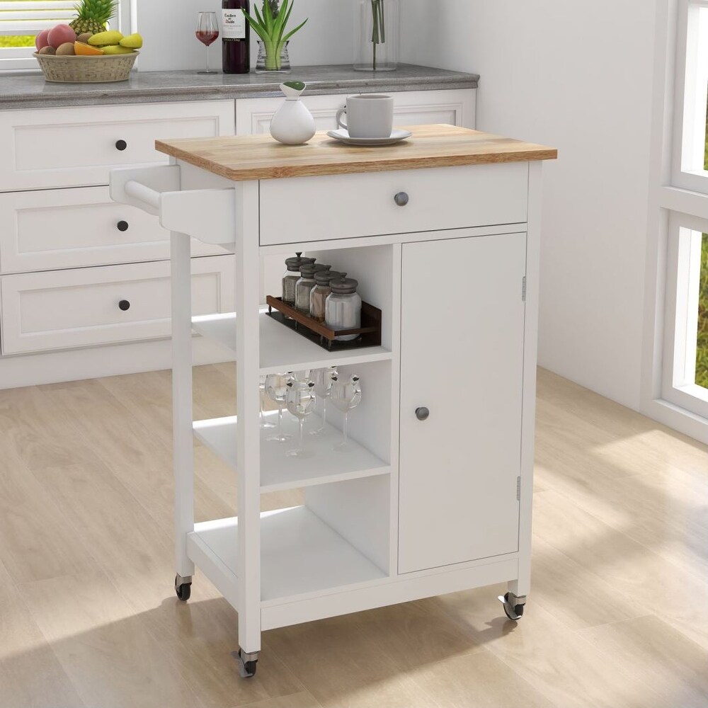 Modern White Side Table Kitchen Cart Storage Wood Top Living Room