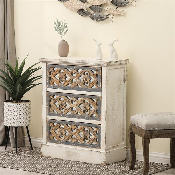 Rustic End Table  3 Drawers With Carved Front  ampGlass Insert  Off White/Natural   French Country   Side Tables And End Tables   by Decor Love  Houzz