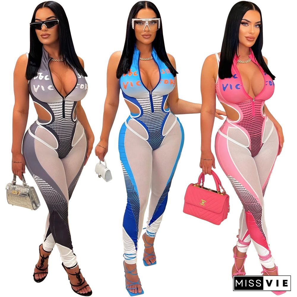 Sexy Print Sleeveless Zipper Tight Pants 2 Piece Sets