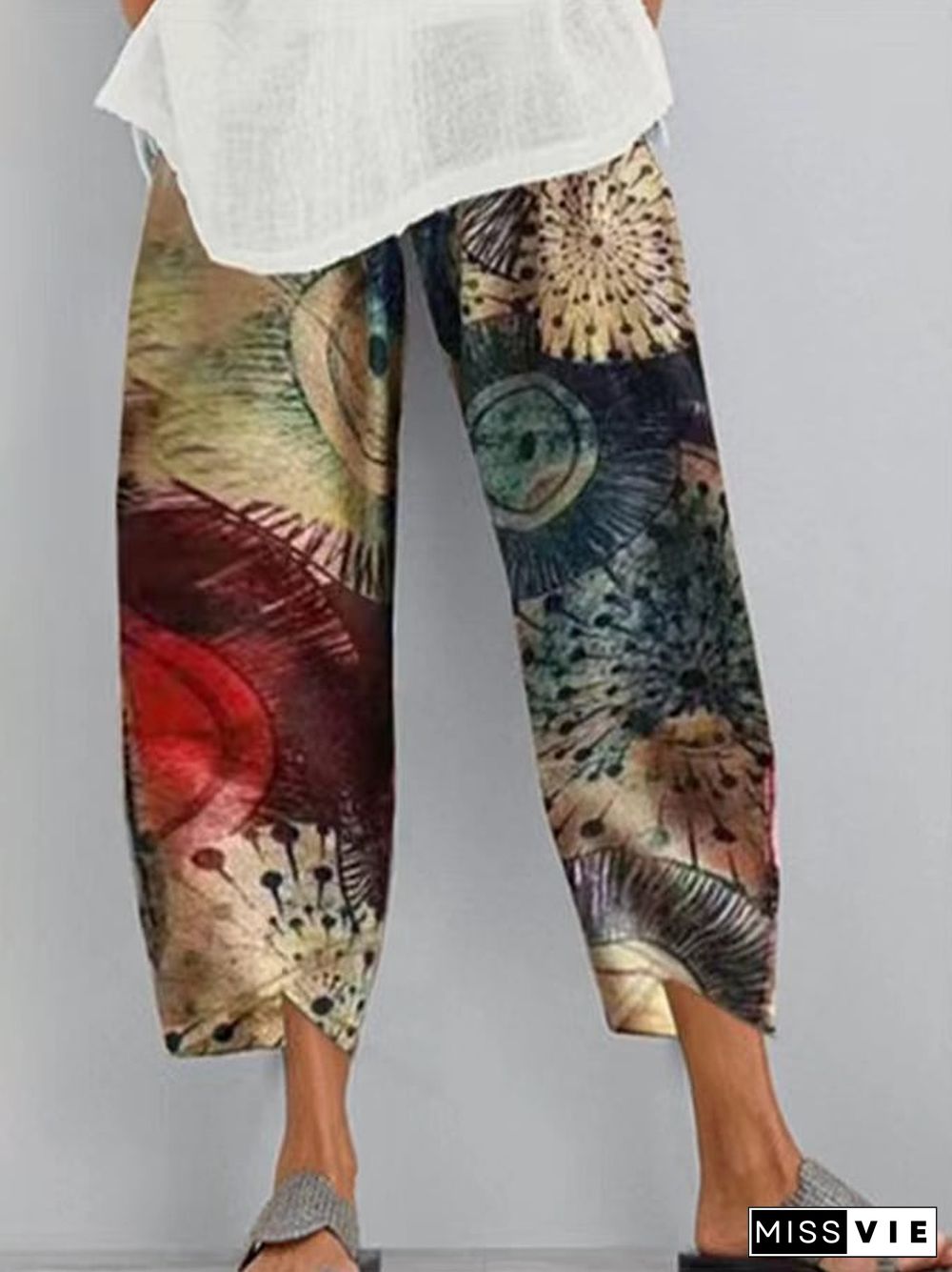 Women's Vintage Print Elastic Waist Casual Pants