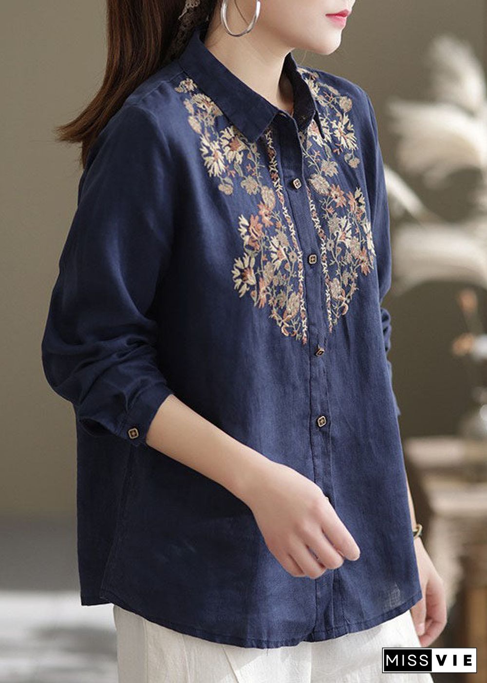 Navy Linen Shirt Top Turn-down Collar Embroideried Spring