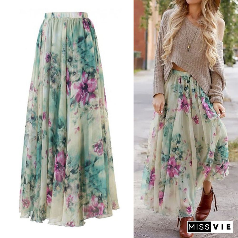 Women Floral Print Jersey Gypsy Long Maxi Skirt Summer Beach Sundress Beach