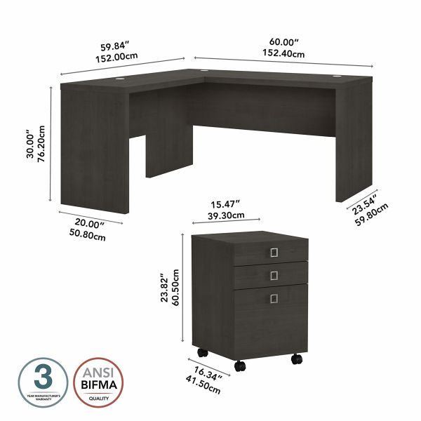 Office by kathy ireland Echo L Shaped Desk with Mobile File Cabinet in Charcoal Maple