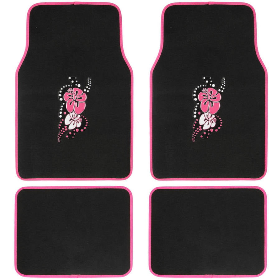 BDK Pink Hawaiian Flower Design Carpet Floor Mats for Car SUV， 4 Piece Set