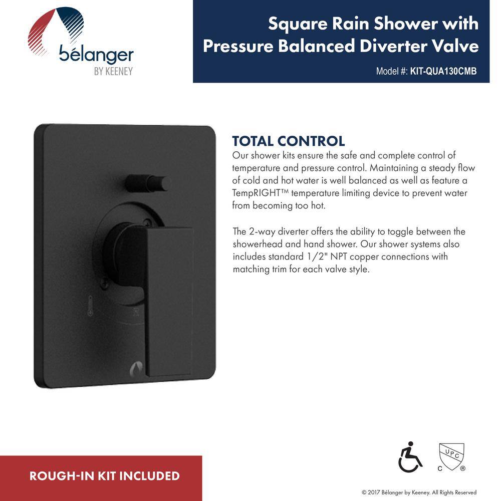 KEENEY Belanger 1-Spray Square Hand Shower and Showerhead from Wall Combo Kit with Slide Bar and Valve in Matte Black KIT-QUA130CMB