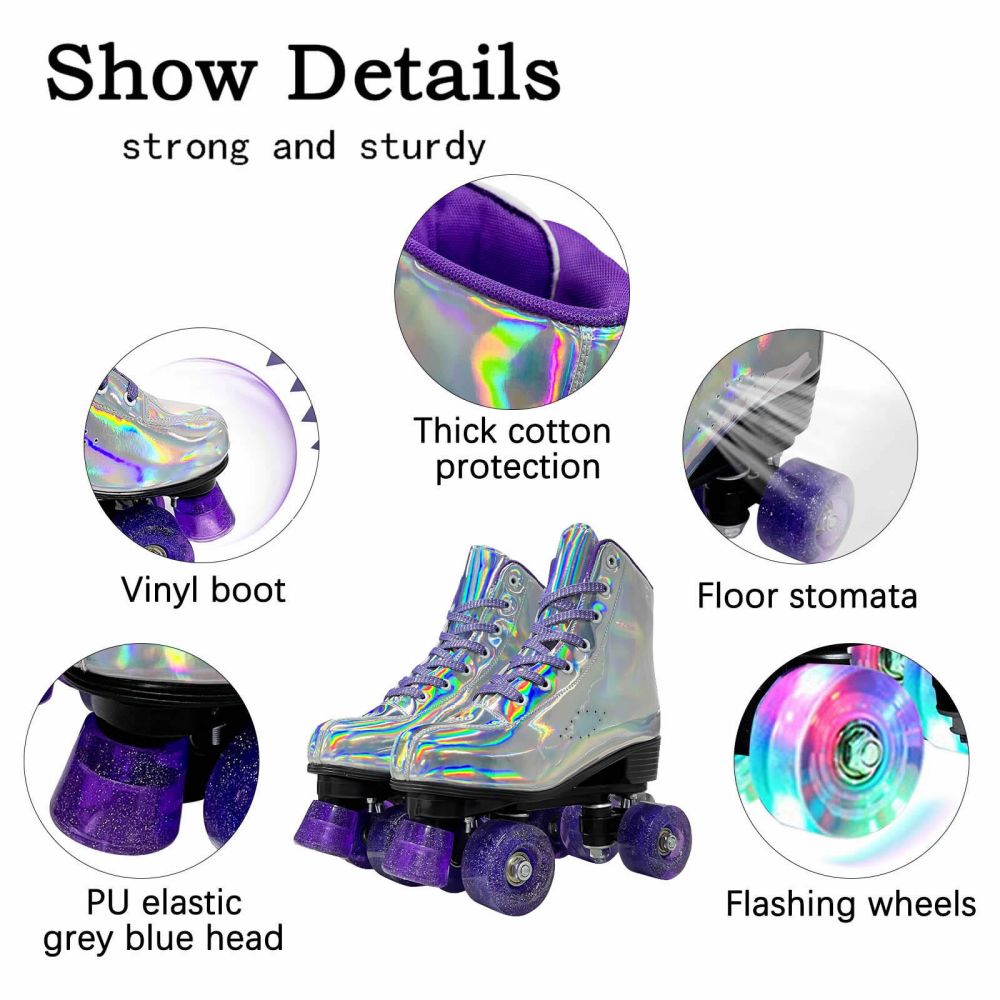 Laser Roller Skates for Women Cozy High Top Shiny Skates Classic Double-Row Quad Skates for Beginner Indoor Outdoor， Sliver， 8