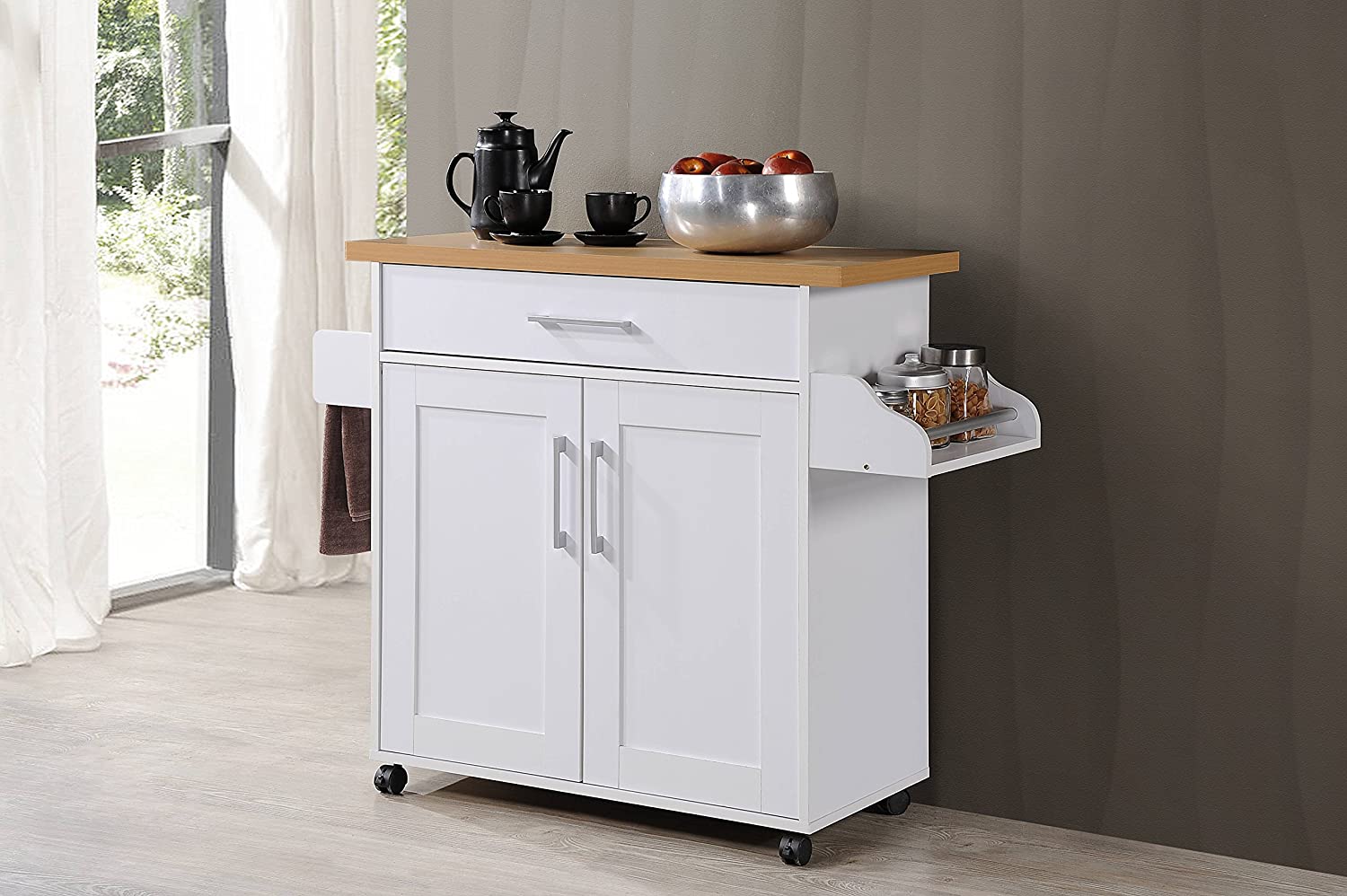 Hodedah Kitchen Island with Spice Rack， Towel Rack and Drawer， White with Beech Top， 15.5 x 35.5-44.9 x 35.2 inches