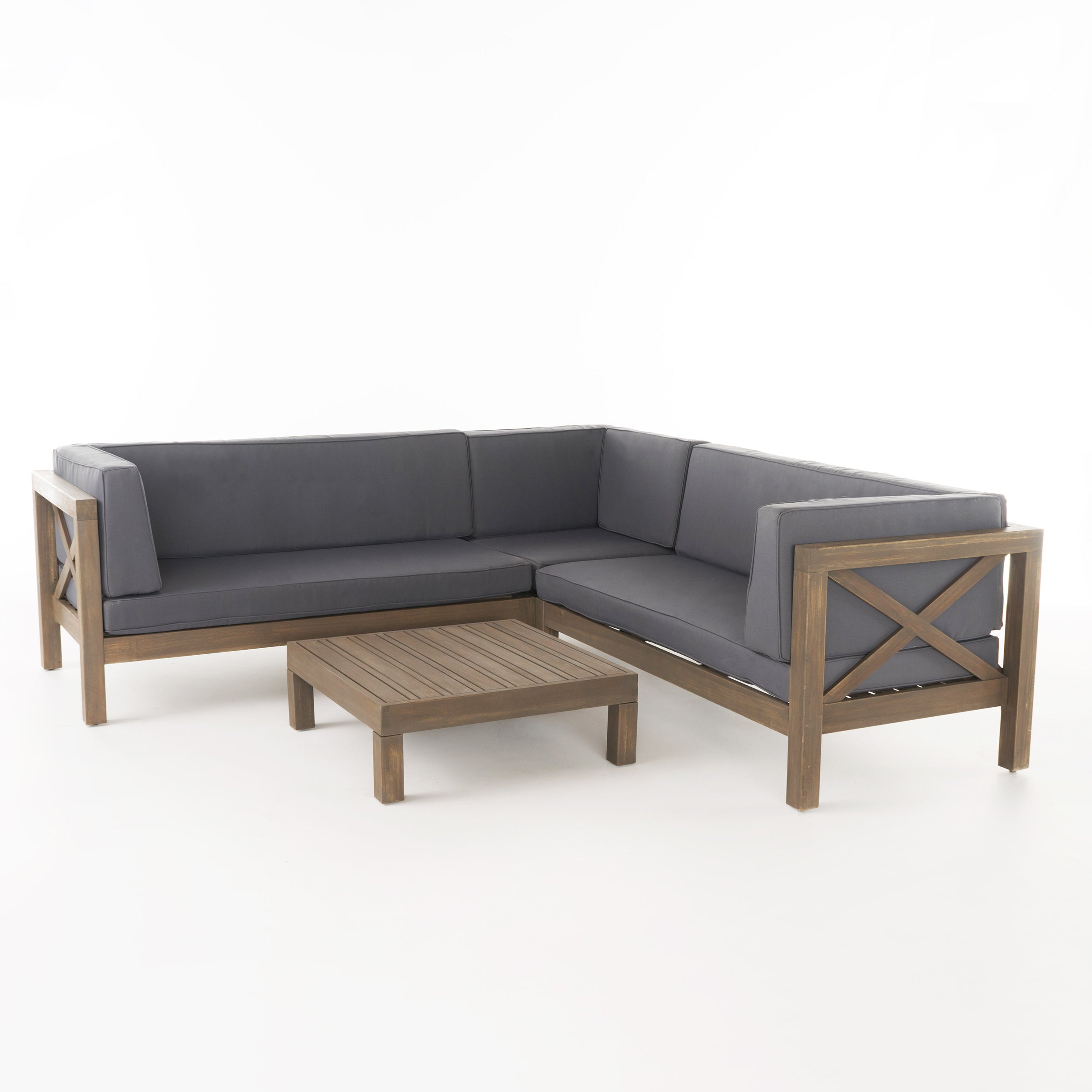 Brava Outdoor 4 Piece V-Shaped Acacia Wood Sectional Sofa and Coffee Table Set