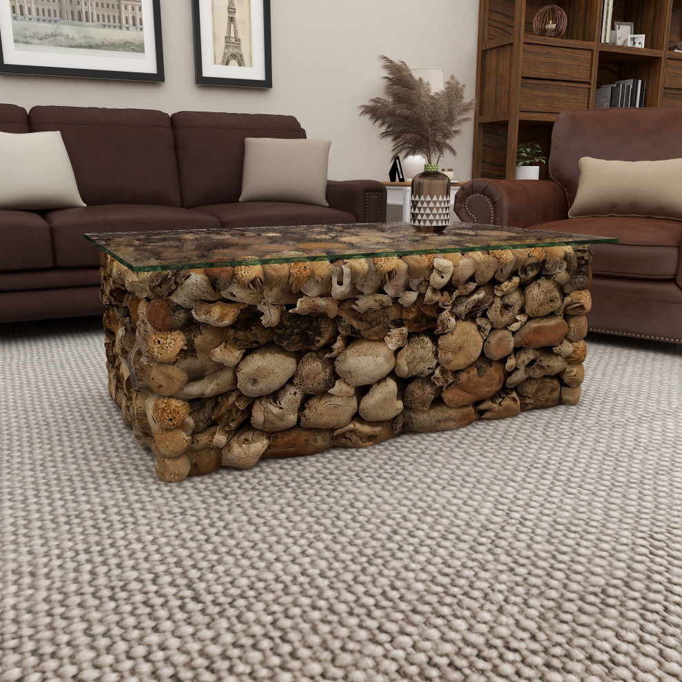 Zimlay Natural Mangrove Wood/Glass Coffee Table 37753   Rustic   Coffee Tables   by Brimfield  ampMay  Houzz