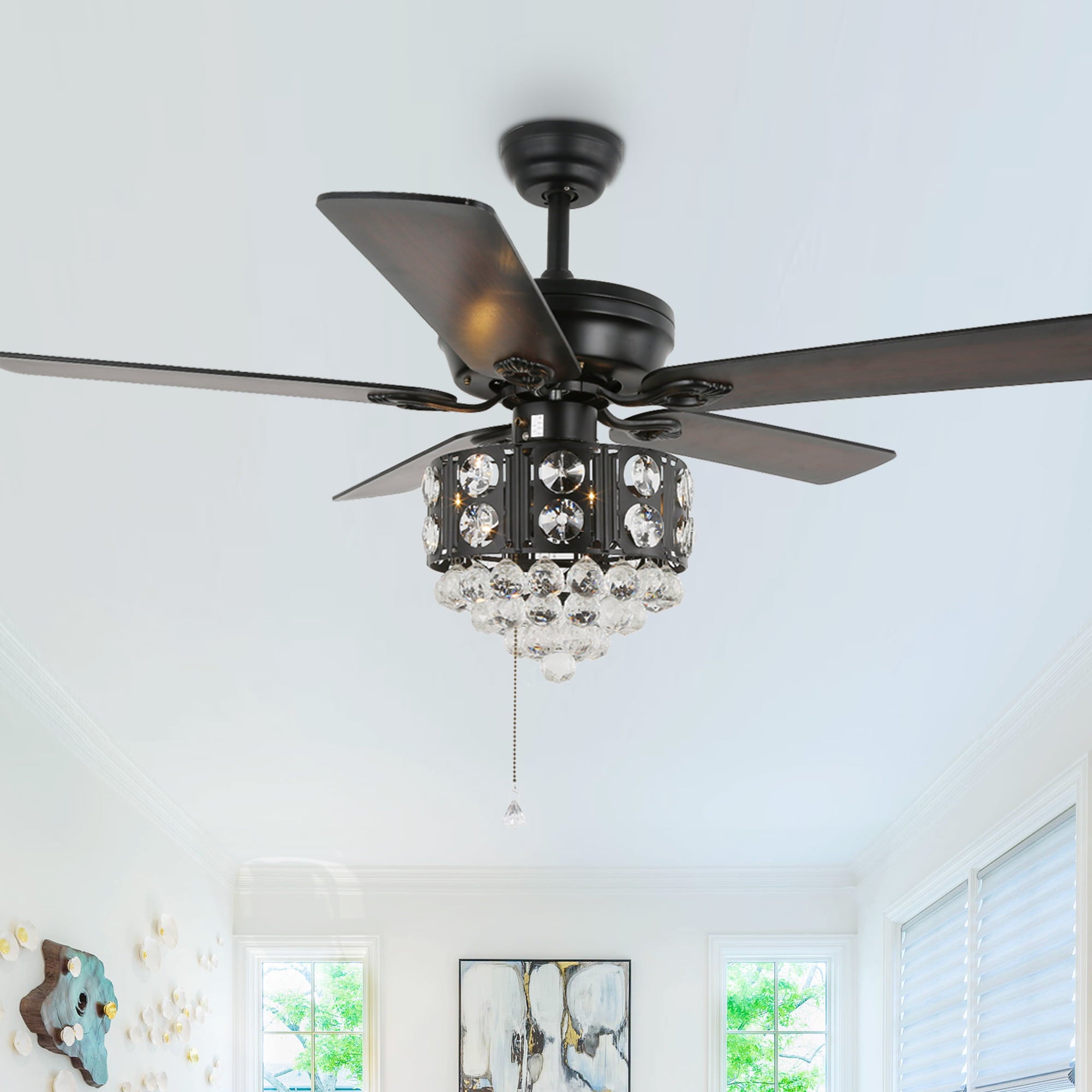 Oaks Aura 52 Inch 5-Blade Crystal Reversible Ceiling Fan with Pull Chain and Remote Control 3-Speed