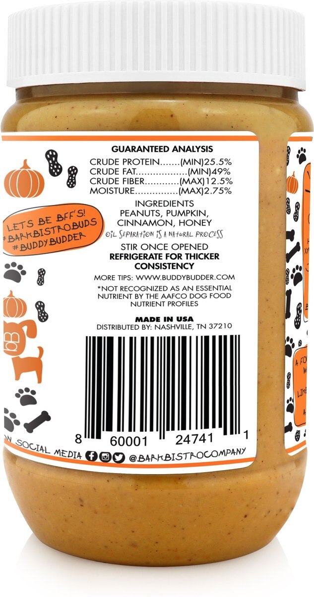 Bark Bistro Company Buddy Budder Pumpkin and Cinnamon Peanut Butter Lickable Dog Treats， 17-oz jar