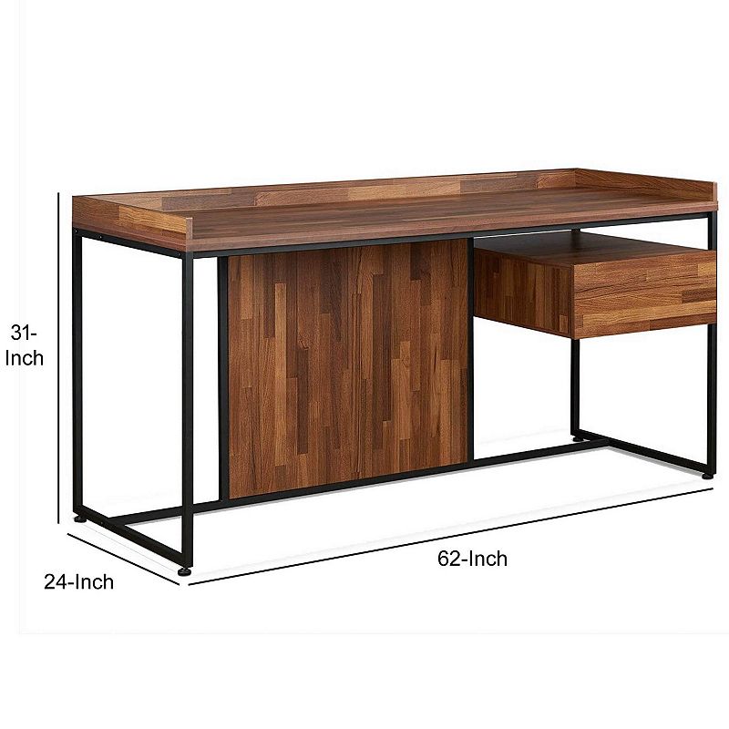 Wooden Top Desk With Rectangular  Metal  frame，  Walnut Brown and Sandy Black