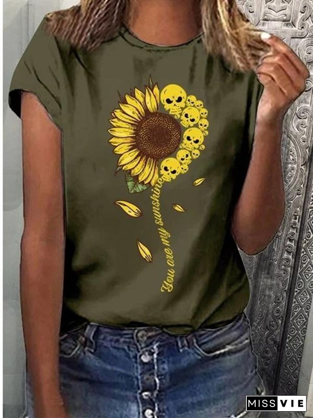 Summer Women Sunflower&Skull Pattern T-Shirt