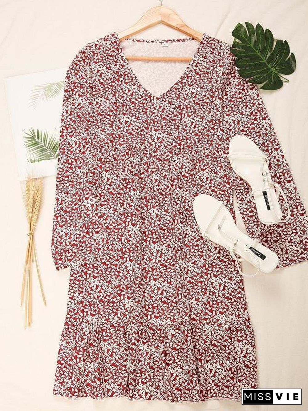 Women Long Sleeve V-neck Floral Printed Mini Dress