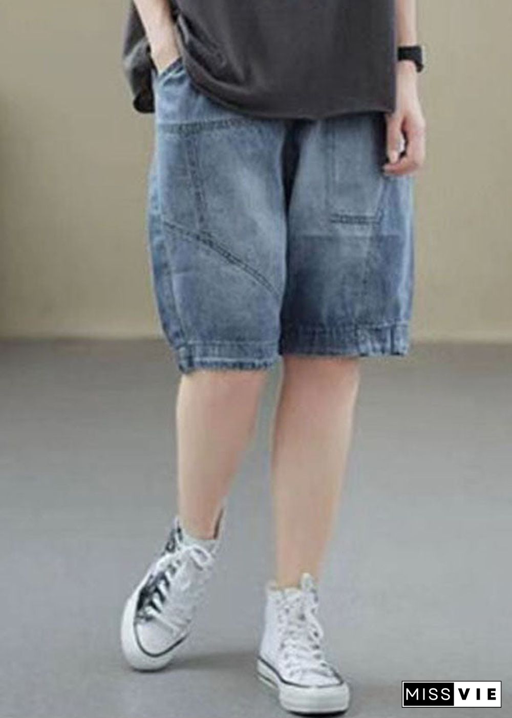 Handmade Denim Light Blue Elastic Waist Pockets Patchwork Cotton Short Pants Summer