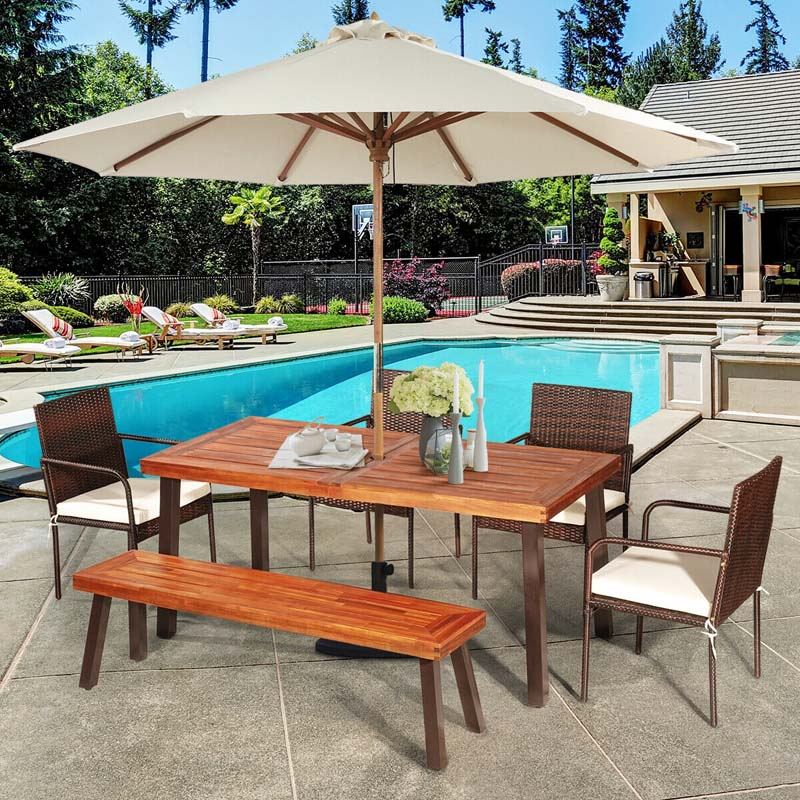 Rustic Brown Acacia Wood Patio Dining Table with Umbrella Hole, Rectangular Outdoor Picnic Table with Metal Legs