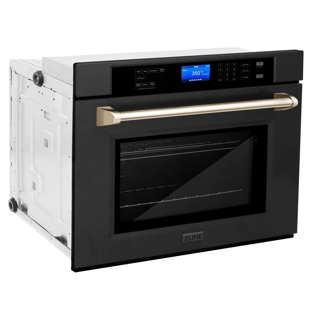 ZLINE Kitchen and Bath Autograph Edition 30 in. Single Electric Wall Oven with True Convection and Gold Handle in Black Stainless Steel AWSZ-30-BS-G