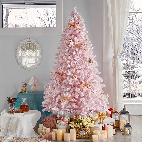 Yaheetech Prelit Flocked Artificial Christmas Tree Snow Frosted Christmas Tree，Pink