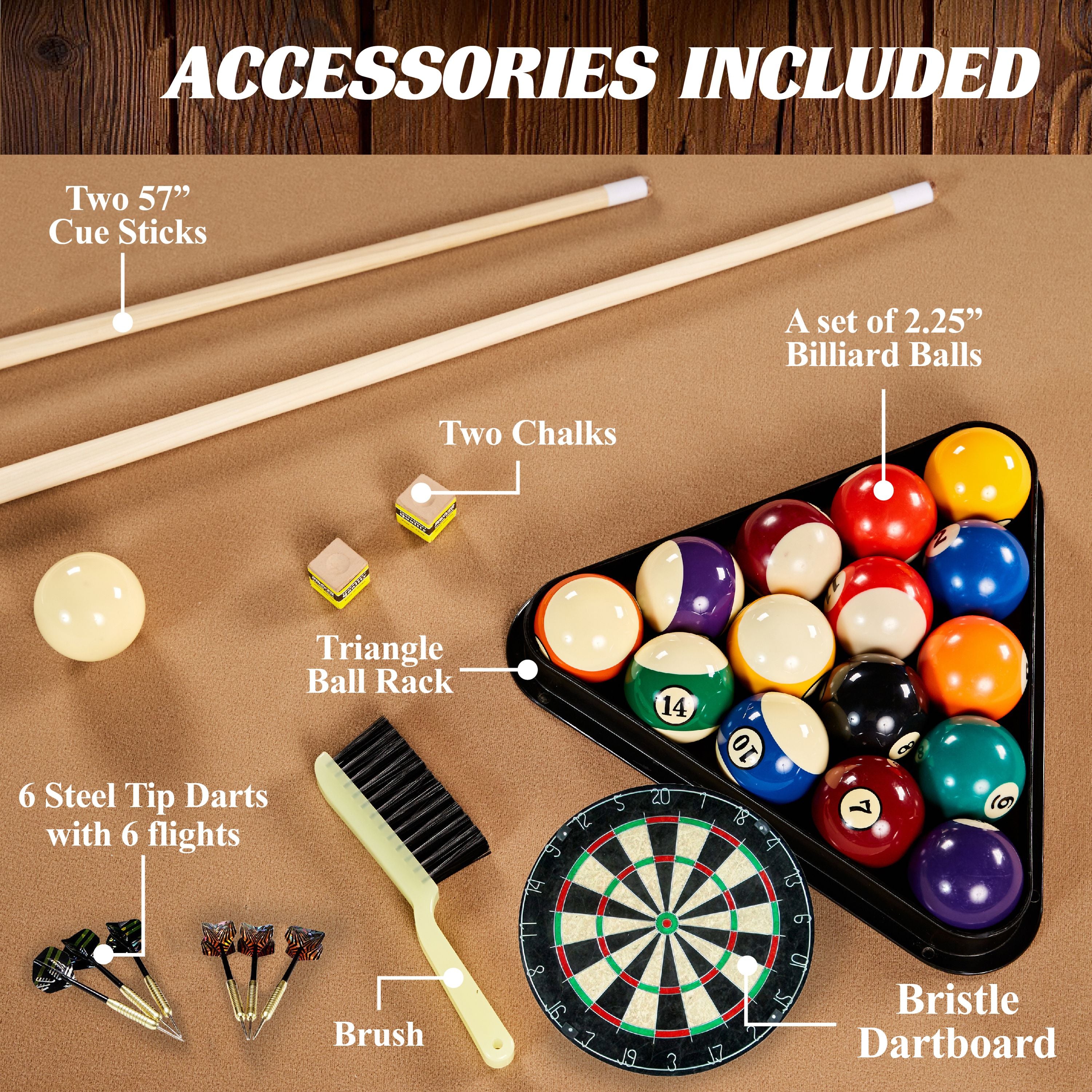 Barrington Billiards 90" Ball and Claw Leg Pool Table with Cue Rack, Dartboard Set, Tan