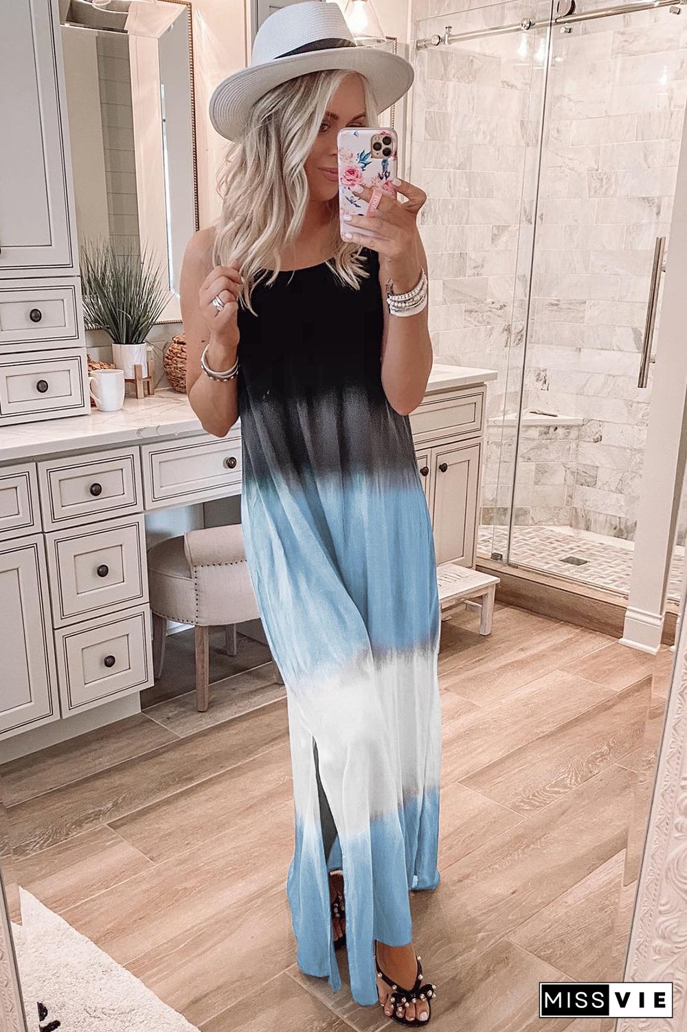 Sky Blue Spaghetti Strap Tie Dye Slit Maxi Dress