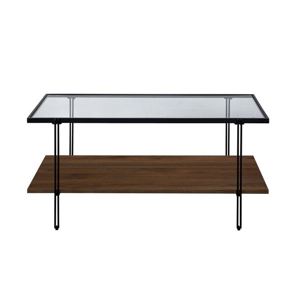 Asher Mid-Century Rectangle Coffee Table with Glass Top and Walnut Floating Shelf Black Metal Legs