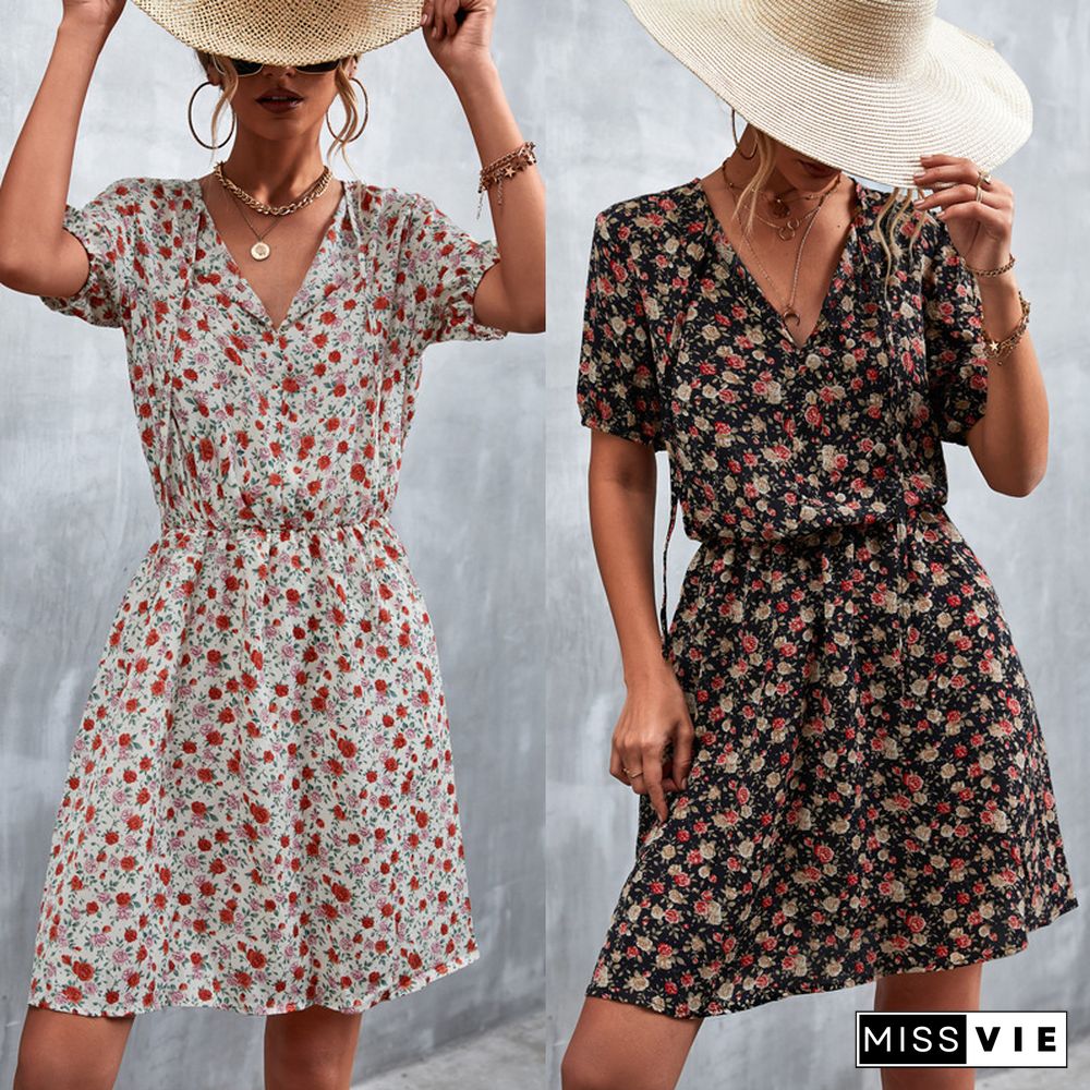 Holiday V-neck Lace-up Dress Summer Print Women Mini Dress Short Sleeves Floral Beach Dresses Women Vintage A-line Vestido