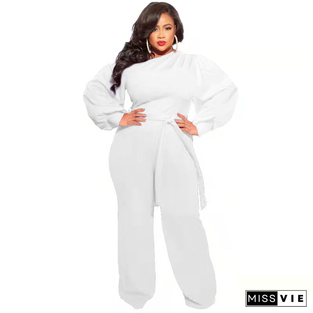 Long Sleeve Lace Up Plus Size Wide Leg Jumpsuits