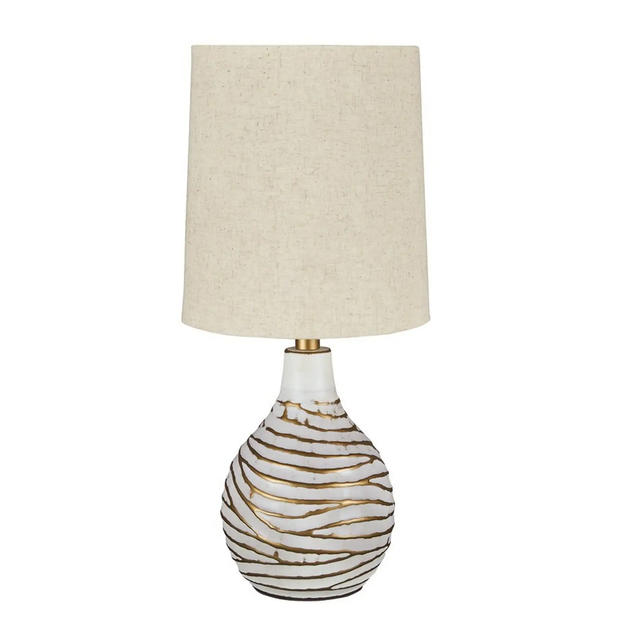 Pot Bellied Metal Table Lamp with Textured Golden Embellishment， White