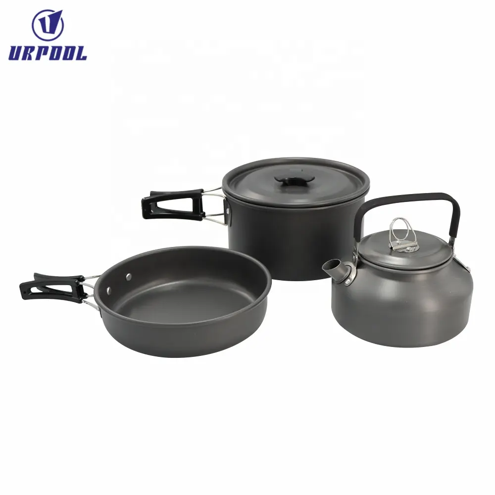 Portable Camping pots Set Lightweight Picnic Cooking Set Include Big Small Pot Frying Pan Bowls Soup Spoon Rice Ladle Loofah