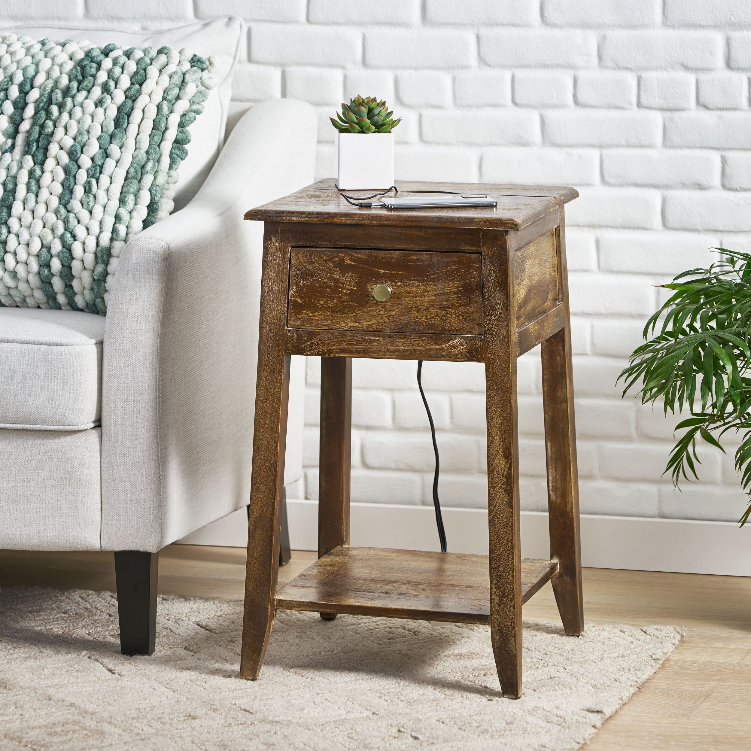 Kamin Rustic Handcrafted Mango Wood Side Table with Charging Port, Gray