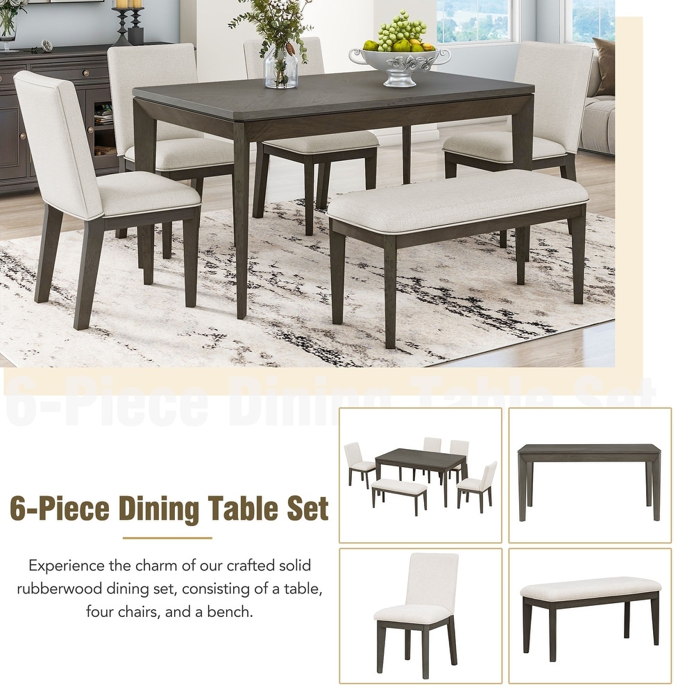 Rectangular 6 Pc Dining Table Set w/4 Padded Backs Chair and Bench