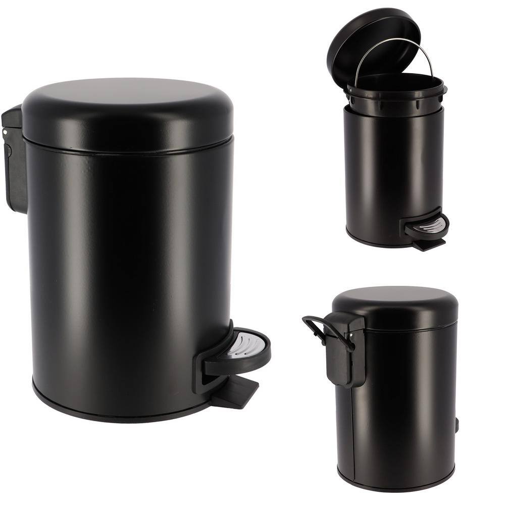 3 l 0.8 Gal. Soft Close Small Round Metal Bath Floor Step Trash Can Waste Bin in Black 6543103