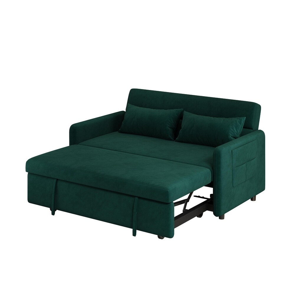 Modern Sleeper Loveseat with Pull out Sofa Bed  Pillows for Living Room  Velvet Folding Loveseat Recliner Bed with Pocket  Green