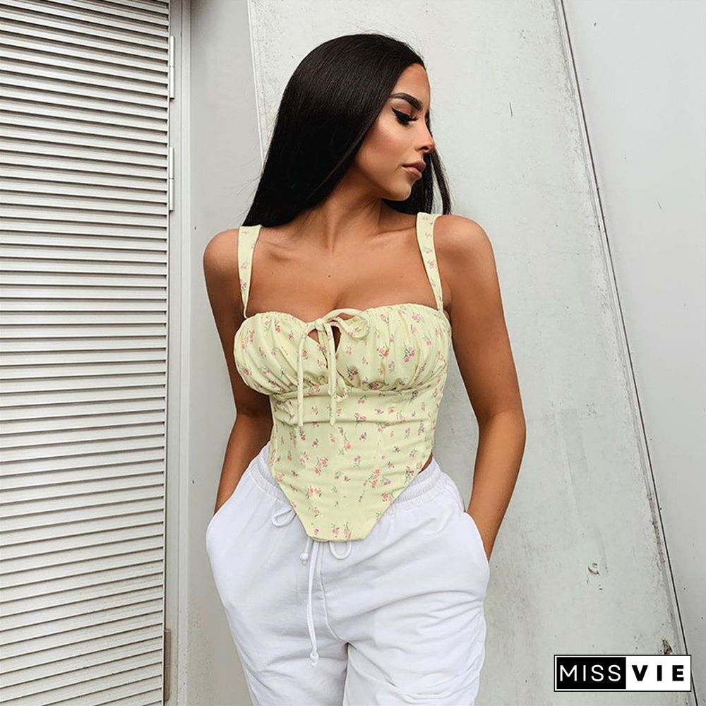 Women Sexy Floral Camis Top Spaghetti Straps Boned Fashion Printed Bustier Corset Tight Slim Low-Cut Crop Camisole Top