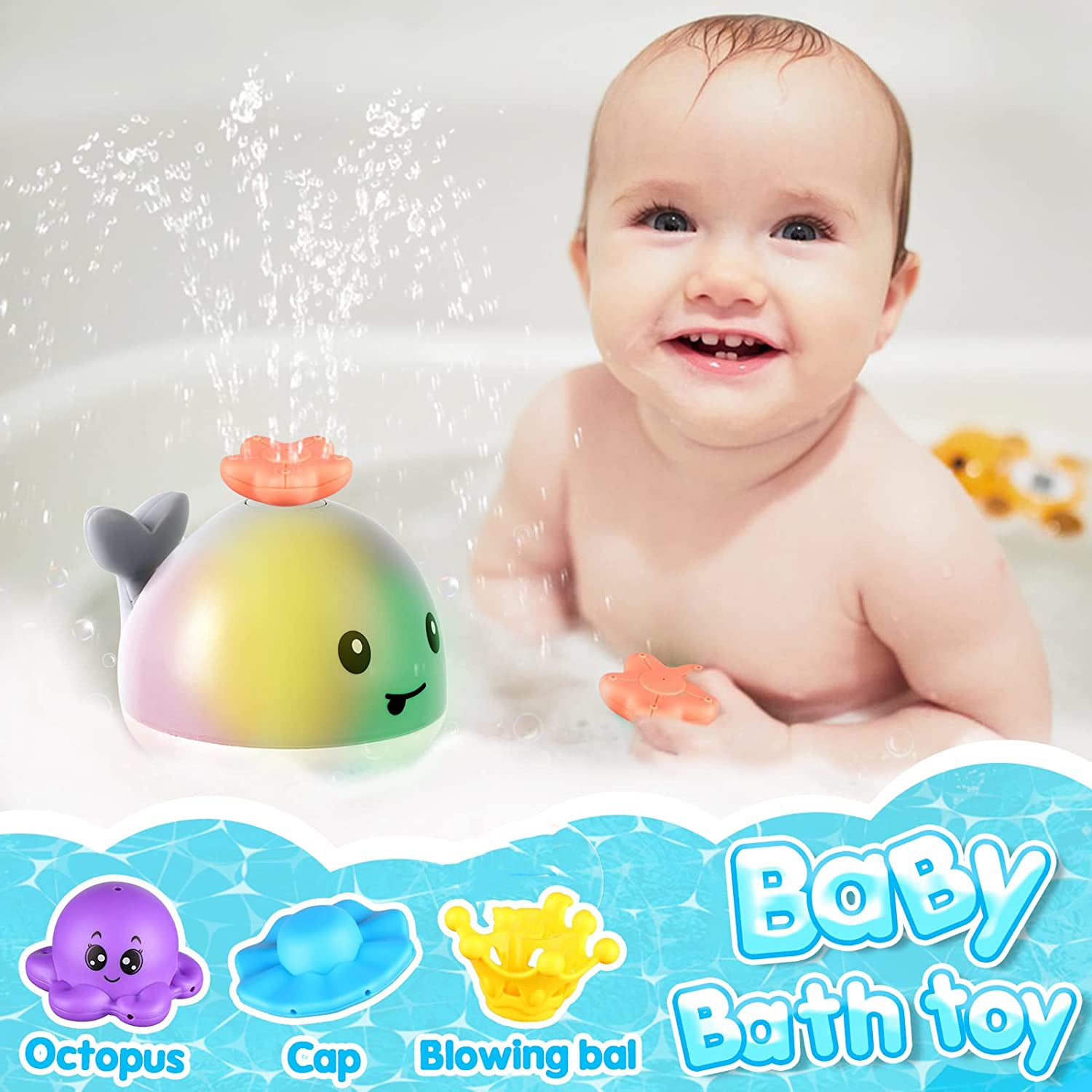 BESSNINI Baby Bath Toys， Cute Toddler Whale Light-up Spraying Bathtub Toys for Baby Infants Boys Girls with 4 Water Spraying Modes Gray