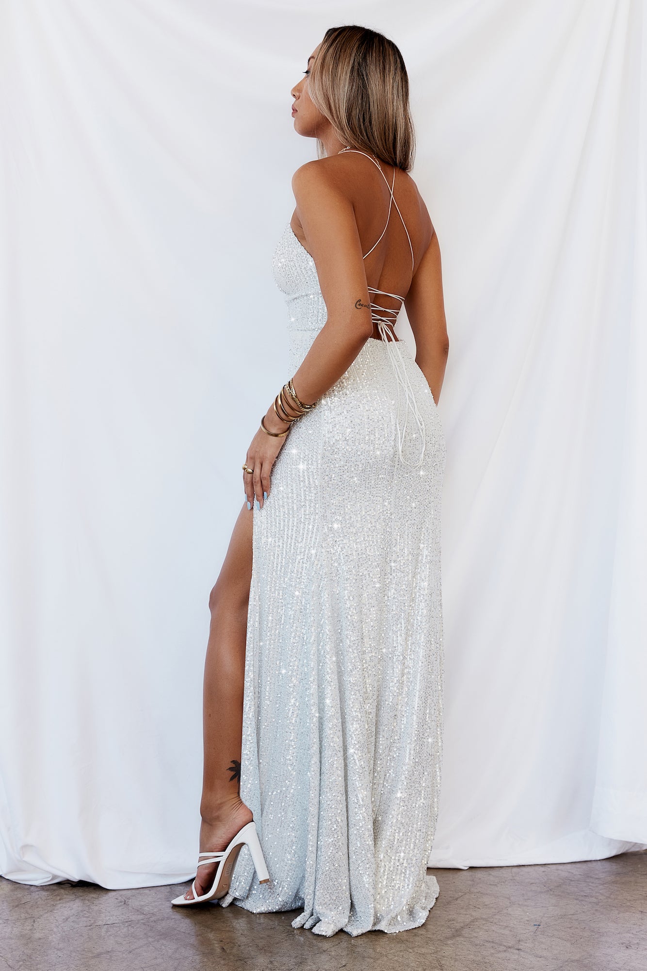 DEAR EMILIA Shimmer Lake Maxi Dress Silver Sequins