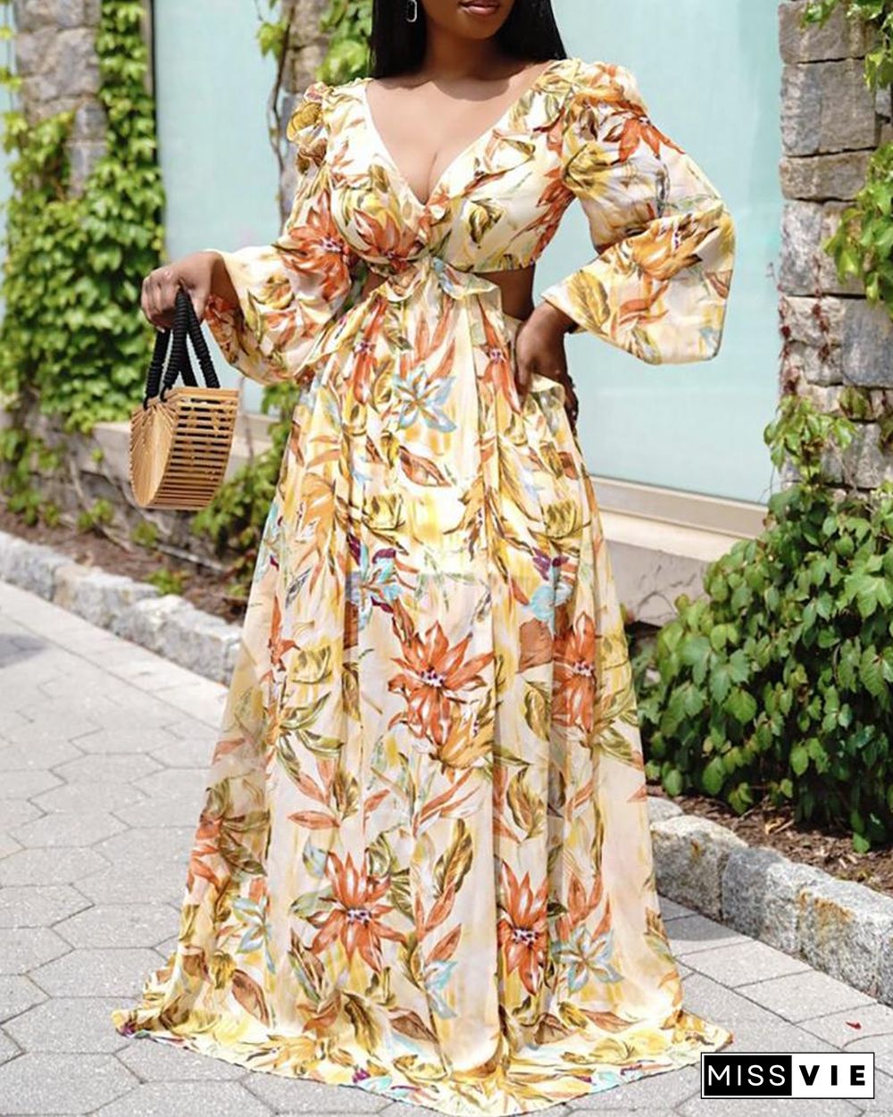 Leaf Floral Print Puff Lantern Sleeve Maxi Dress