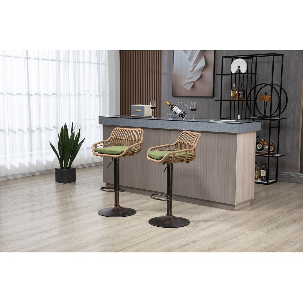 Bar Stools Set of 2 Adjustable Counter Height Dining Chairs  360掳 Swivel Bar Chairs with Rattan Back Linen Cushion   Footrest