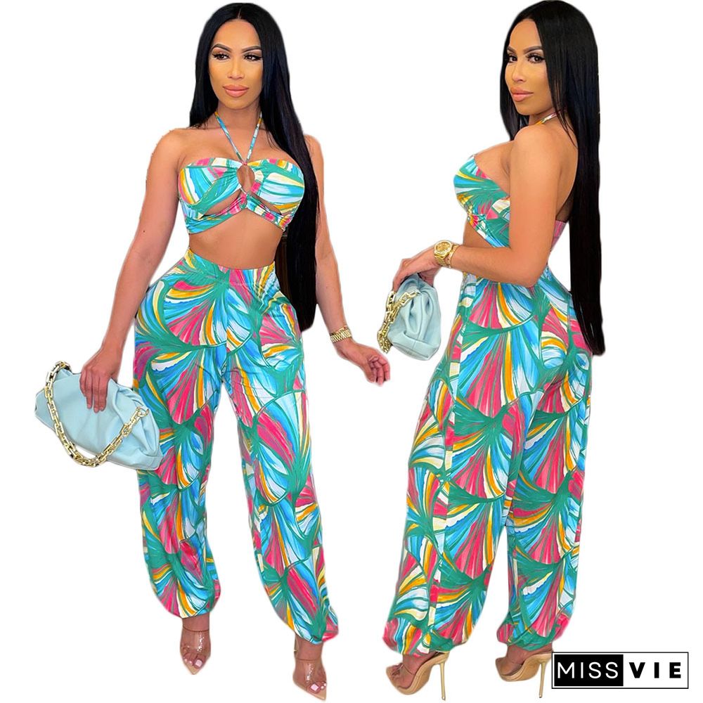 Summer Womens Clothing Halter Neck Printed Crop Top Loose Long Pants Party Club Two-Piece Suits