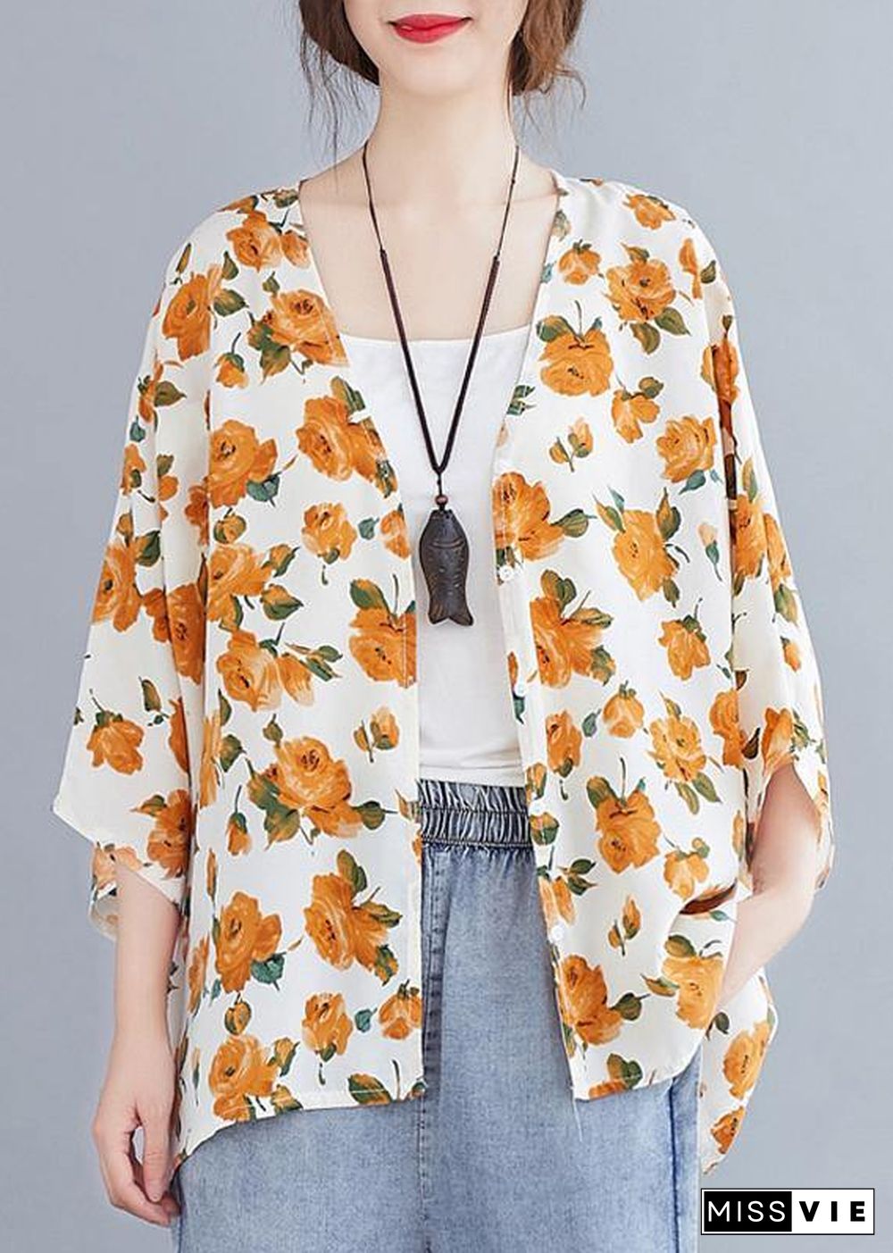 Simple yellow print top v neck Batwing Sleeve blouses