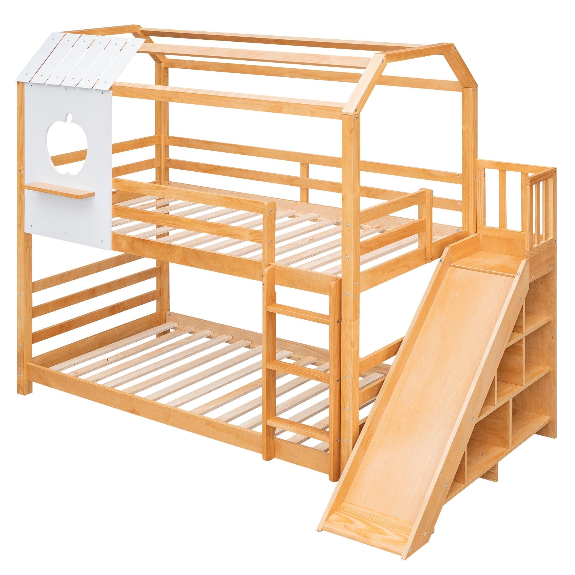 Twin Size House Bunk Bed with Slide and Shelf for Kids Bedroom, Natural