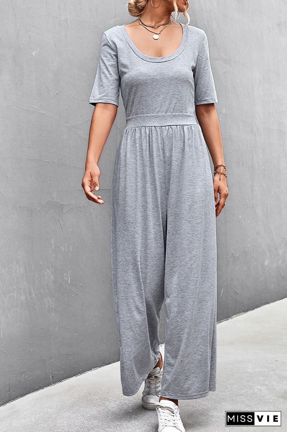 Solid Color Short Sleeve Wide Leg Jumpsuit Wholesale