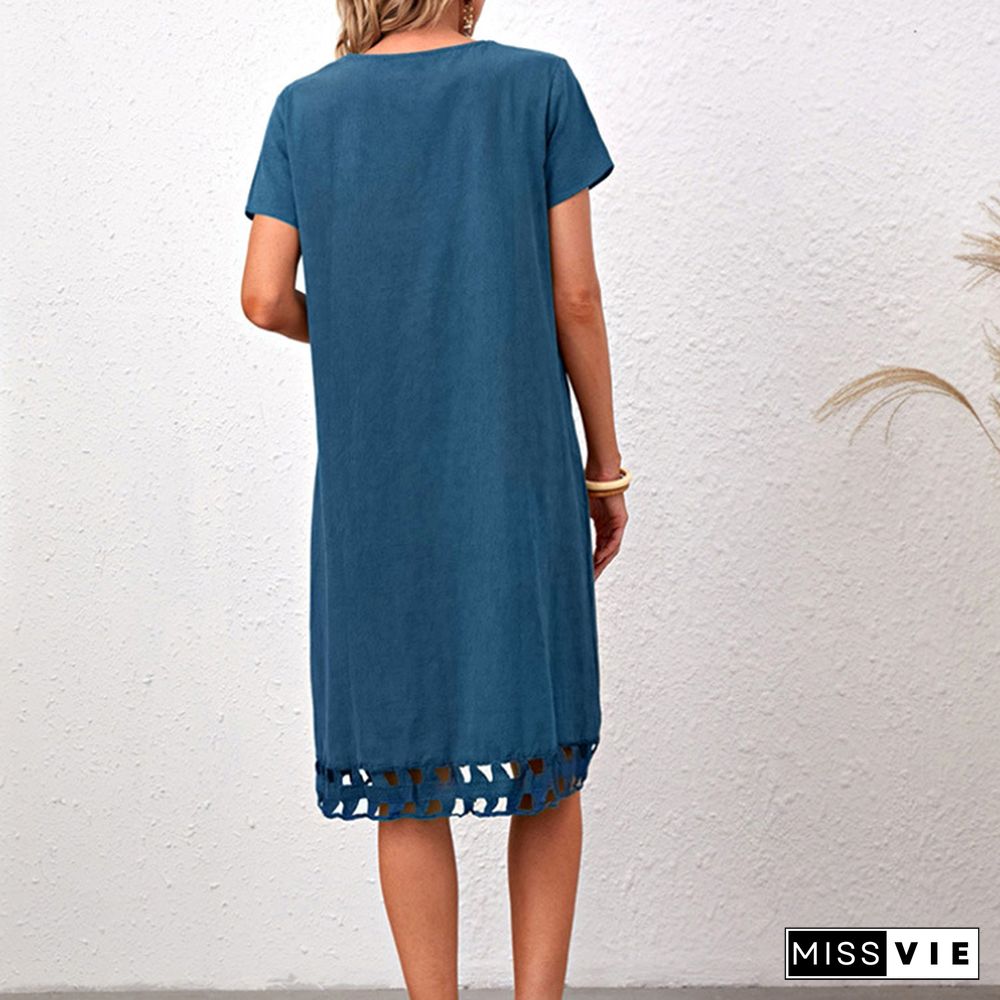 Fashionable And Versatile V-neck Short Sleeve Slim Solid Cotton Linen Dress